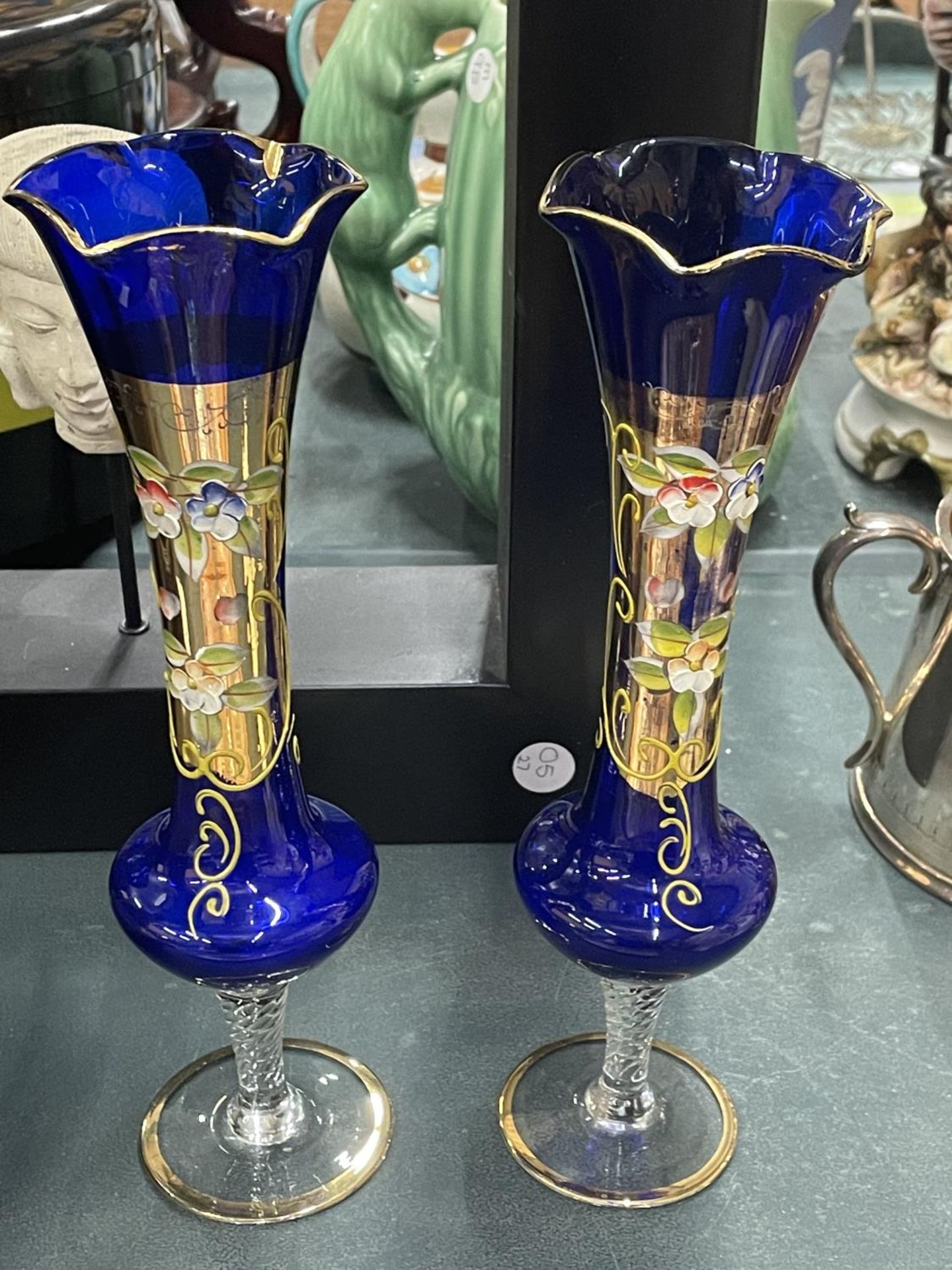 A PAIR OF VINTAGE BOHEMIAN GLASS VASES IN COBALT BLUE WITH HANDPAINTED FLORAL DECORATION, HEIGHT