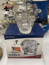 A 'BRAIN FREEZE', GLASS SKULL ICE BUCKET, BOXED, HEIGHT 16CM