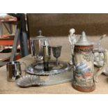 A QUANTITY OF SILVER PLATED ITEMS TO INCLUDE AN ICE BUCKET, A TRAY, SHELL SHAPED DISH, BAVARIAN