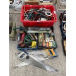 AN ASSORTMENT OF TOOLS AND HARDWARE TO INCLUDE HAND SAWS, CABLE AND WIRE BRUSHES ETC