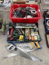 AN ASSORTMENT OF TOOLS AND HARDWARE TO INCLUDE HAND SAWS, CABLE AND WIRE BRUSHES ETC