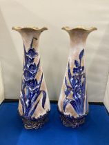 A PAIR OF RARE DOULTON BURSLEM HAND PAINTED BLUE IRIS VASES (ONE A/F)