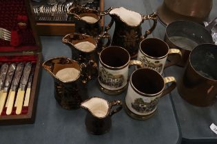 FIVE VINTAGE BRONZE LUSTRE WARE JUGS TOGETHER WITH THREE ARTHUR WOOD TANKARDS WITH COACHING SCENES