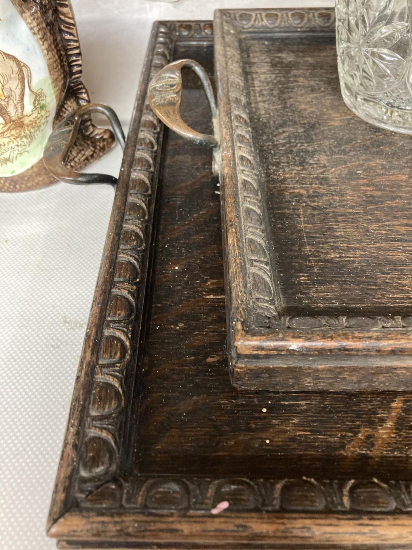 TWO VINTAGE OAK TRAYS WITH COPPER HANDLES STAMPED 'DUNSTAN', GLASS VASES, ETC - Image 4 of 4