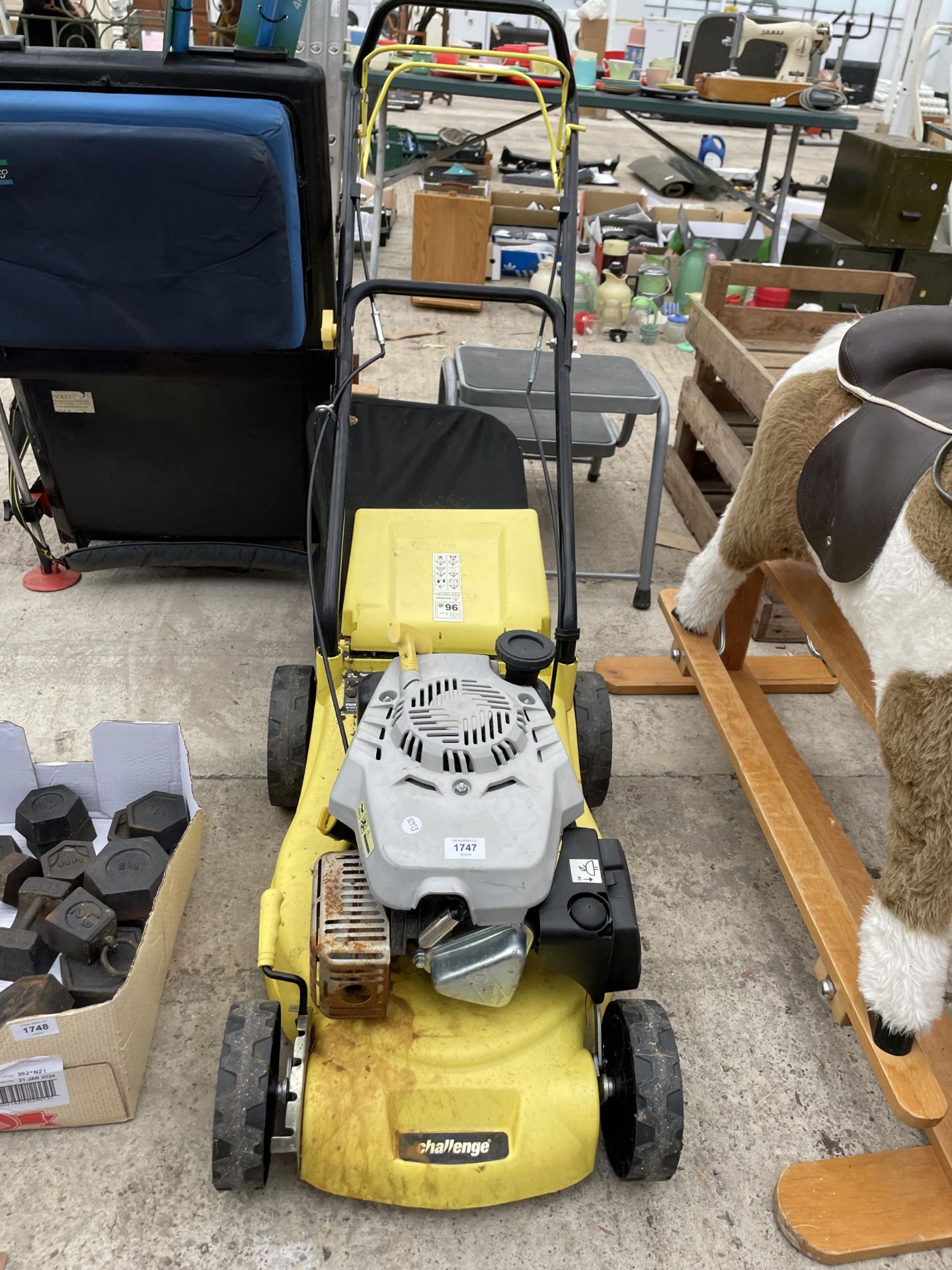 A PETROL CHALLENGE ROTARY LAWN MOWER WITH GRASS BOX