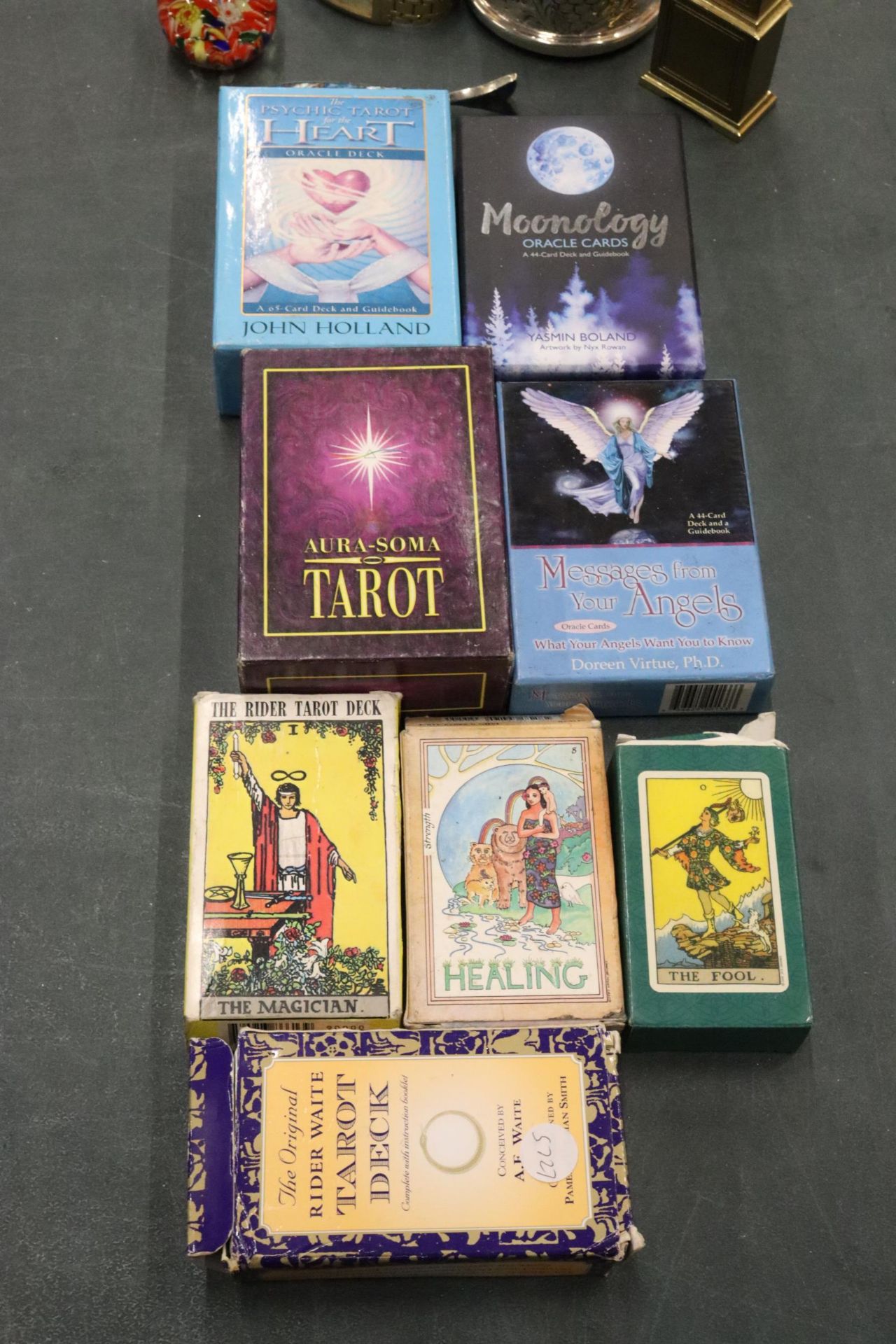 A QUANTITY OF TAROT AND ORACLE CARDS, PLUS AN ACCURIST WRISTWATCH, MINI GRANDFATHER MANTLE CLOCK, - Image 2 of 7