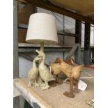 A TABLE LAMP WITH DUCK FIGURES, HEIGHT 42CM, PLUS A MODEL OF TWO DUCKS