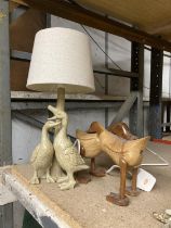 A TABLE LAMP WITH DUCK FIGURES, HEIGHT 42CM, PLUS A MODEL OF TWO DUCKS