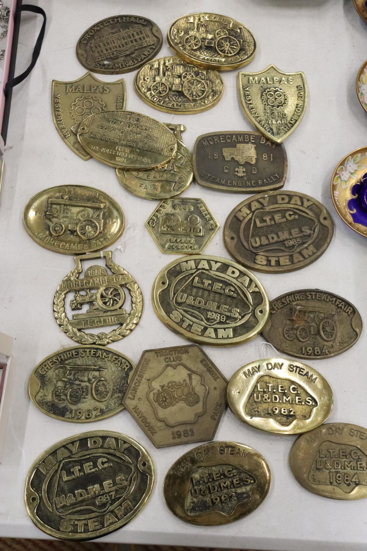 A LARGE COLLECTION OF BRASS STEAM RALLY PLAQUES - 20 IN TOTAL