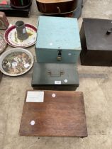 A VINTAGE WOODEN STORAGE BOX AND A METAL CASH TIN AND A WOODEN BOX CONTAINING DESK ITEMS TO