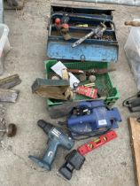 AN ASSORTMENT OF TOOLS TO INCLUDE A POWER CRAFT ELECTRIC SANDER, STILSENS AND A WOOD PLANE ETC