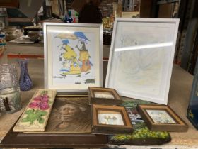 A QUANTITY OF PRINTS AND WATERCOLOURS TO INCLUDE SWANS, A WATERMILL ON SLATE, ETC - 8 IN TOTAL