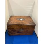 AN UNUSUAL WALNUT AND INLAID MOTHER OF PEARL SEWING BOX AND WRITING SLOPE