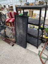 AN ASSORTMENT OF GARDEN ITEMS TO INCLUDE A PLASTIC SHELVING UNIT AND POST SPIKES ETC