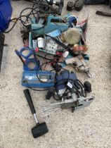 AN ASSORTMENT OF TOOLS TO INCLUDE A ROUTER AND A DRILL ETC