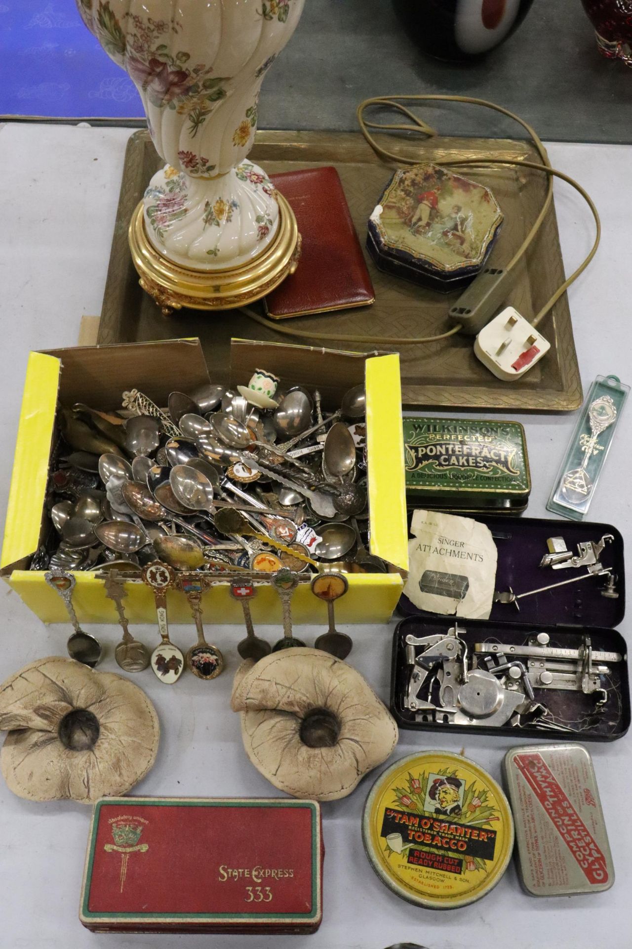 A LARGE MIXED LOT TO INCLUDE A CERAMIC TABLE LAMP AND SHADE, LARGE QUANTITY OF SOUVENIR TEASPOONS, - Image 2 of 8