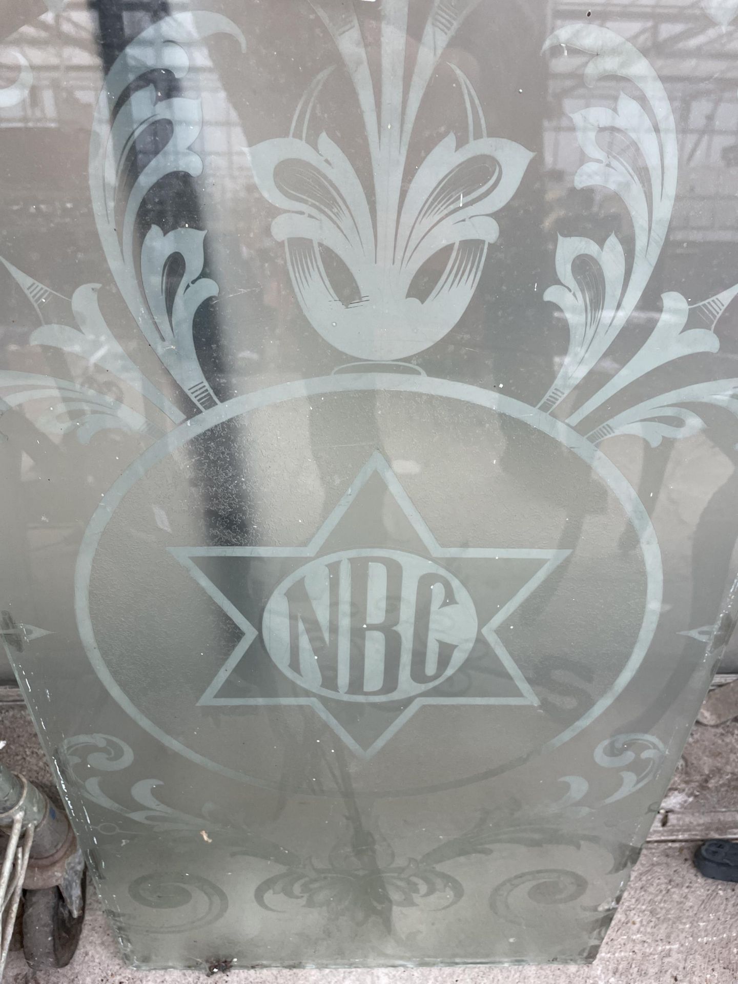 A PANE OF FROSTED GLASS ETCHED 'NBC' - Image 2 of 4