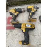 THREE VARIOUS DEWALT BATTERY DRILLS