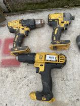 THREE VARIOUS DEWALT BATTERY DRILLS