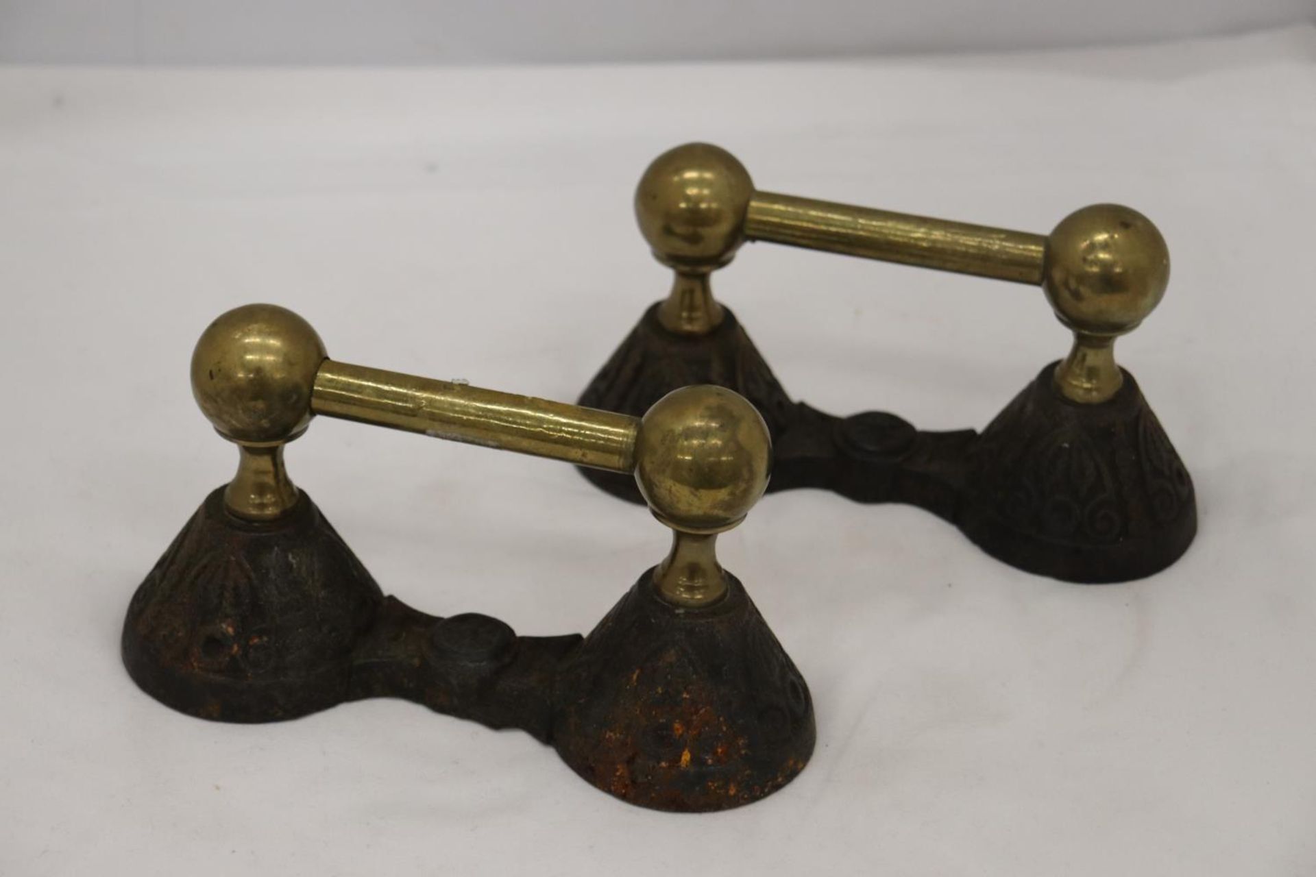 A PAIR OF VICTORIAN ORNATE BRASS CAST FIRE DOGS