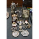 A QUANTITY OF ITEMS TO INCLUDE A CHROME ITALIAN COFFEE POT, TABLE LIGHTERS, CANDLE STICKS, A HIP