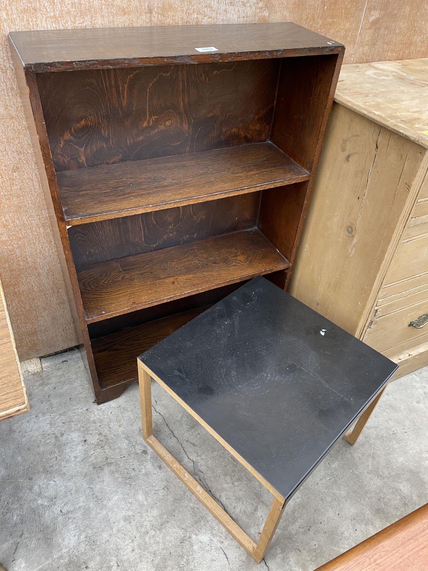 AN OAK OPEN BOOKCASE AND LAMP TABLE