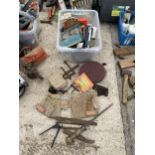 AN ASSORTMENT OF TOOLS TO INCLUDE CLAMPS AND A TOOL BELT ETC