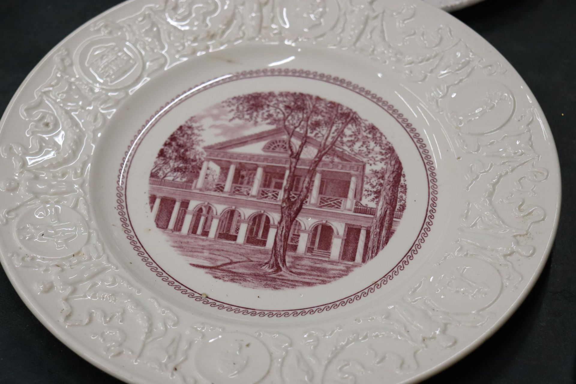 A QUANTITY OF VINTAGE BLUE AND WHITE PLATES TO INCLUDE A LARGE WEDGWOOD PLATTER 'YALE COLLEGE AND - Image 3 of 7