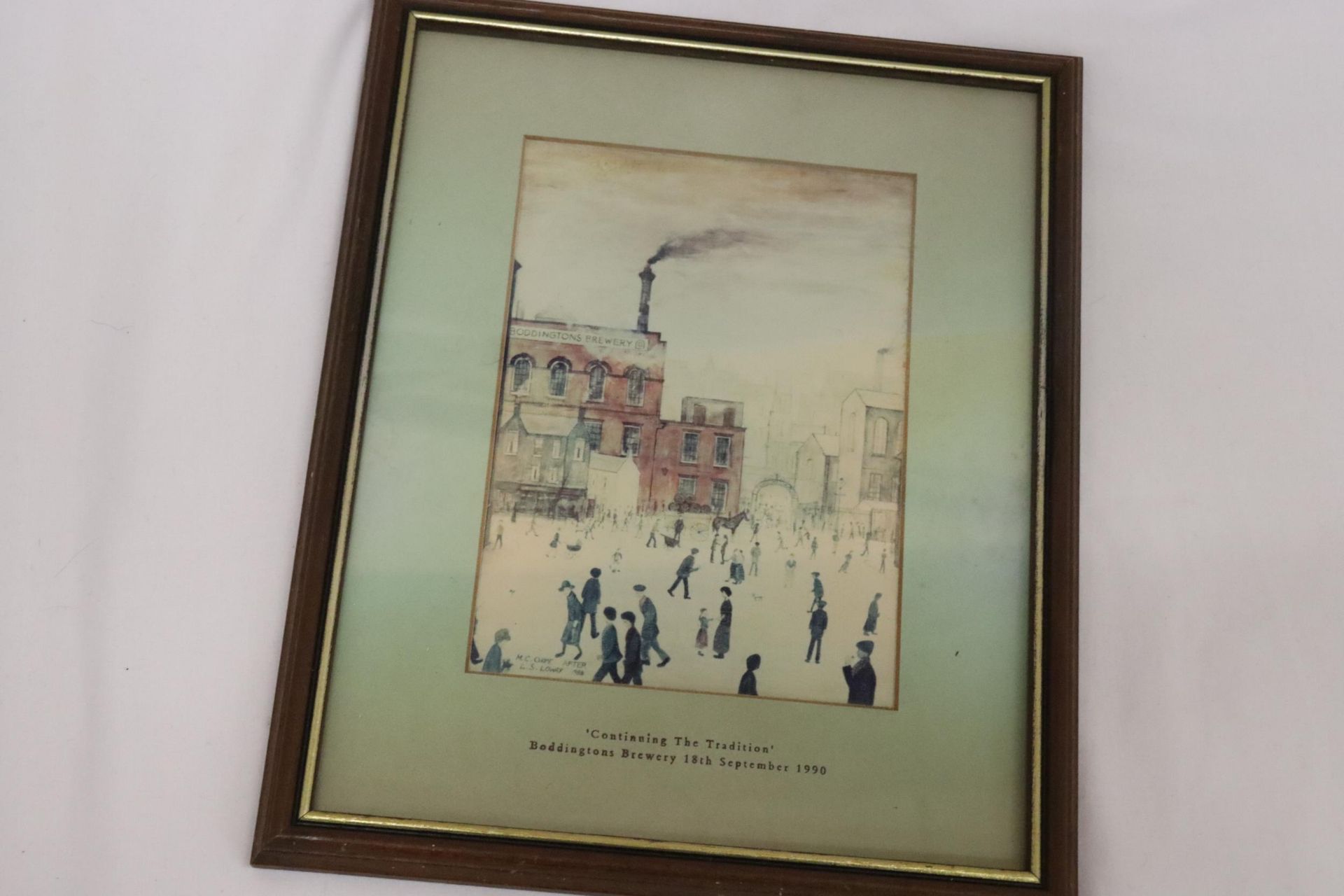 A LOWRY STYLE FRAMED PRINT ENTITLED "CONTINUING THE TRADITION" BODDINGTON BREWERY 18TH SEPTEMBER - Image 2 of 6