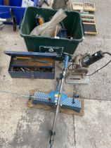 AN ASSORTMENT OF TOOLS TO INCLUDE AN ANGLE GRINDER ON A STAND, SOCKETS AND WELDING RODS ETC