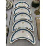 FIVE CROWN STAFFORDSHIRE CRESCENT SHAPED PLATES, WITH THE MOTTO 'HEAVENS LIGHT OUR GUIDE'