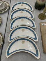 FIVE CROWN STAFFORDSHIRE CRESCENT SHAPED PLATES, WITH THE MOTTO 'HEAVENS LIGHT OUR GUIDE'