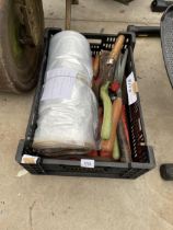 AN ASSORTMENT OF GARDEN ITEMS TO INCLUDE A ROLL OF POLYTHENE, SHEARS AND WATERPROOF LEGGINGS ETC