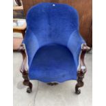 A VICTORIAN WALNUT TUB TYPE CHAIR WITH SCROLL ARMS AND CABRIOLE FRONT LEGS