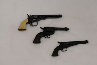 THREE SMALL VINTAGE COCKING AND FIRING GUNS, 'OLD TIMER', 'CADET' AND 'FRONTIER', LENGTH 11CM