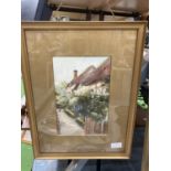 A FRAMED WATERCOLOUR OF A THATCHED COTTAGE, SIGNED E HARROP, 1915