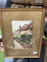 A FRAMED WATERCOLOUR OF A THATCHED COTTAGE, SIGNED E HARROP, 1915