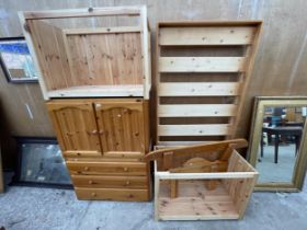 A PINE SINGLE BEDSTEAD AND BEDROOM FITTINGS