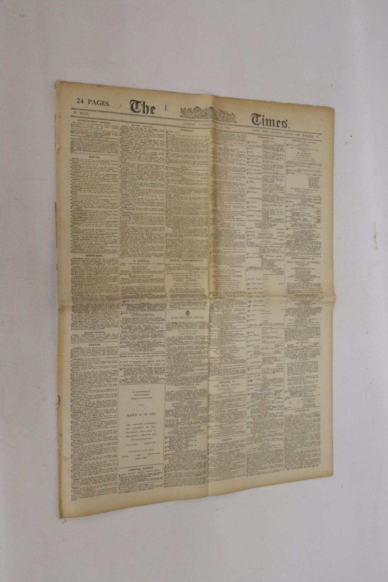 A VINTAGE 'THE TIMES' NEWSPAPER DATED TUESDAY, MAY 19, 1914