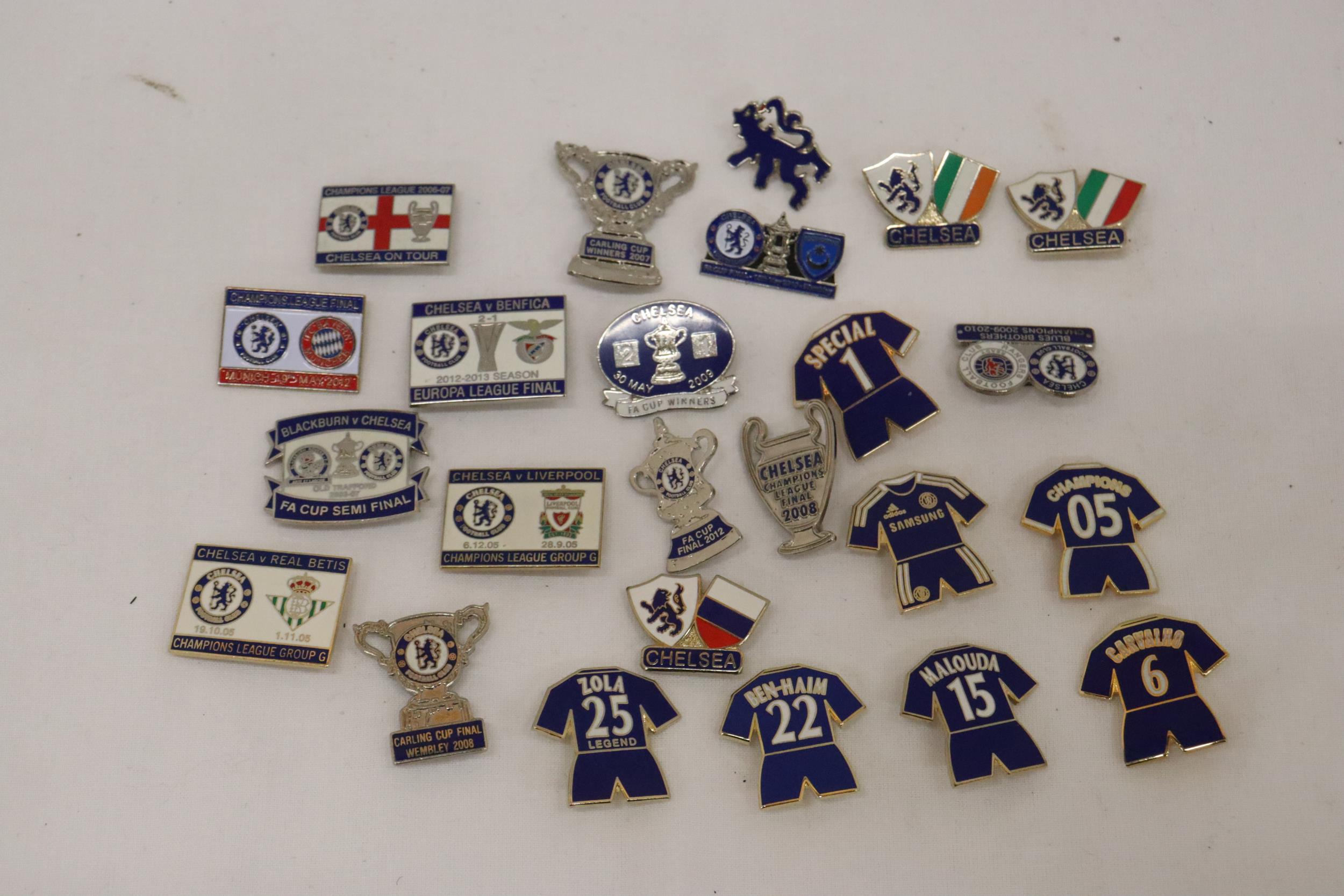 A COLLECTION OF ENAMEL CHELSEA FC BADGES - 23 IN TOTAL