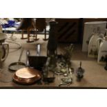 A QUANTITY OF COPPER AND BRASS TO INCLUDE A VASE, COPPER PAN, ALADDINS LAMP BURNER, BELLS, ETC