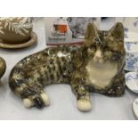 A LARGE WINSTANLEY LYING DOWN TABBY CAT WITH GLASS EYES, HEIGHT 20CM, LENGTH 32CM