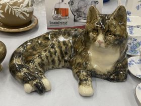 A LARGE WINSTANLEY LYING DOWN TABBY CAT WITH GLASS EYES, HEIGHT 20CM, LENGTH 32CM