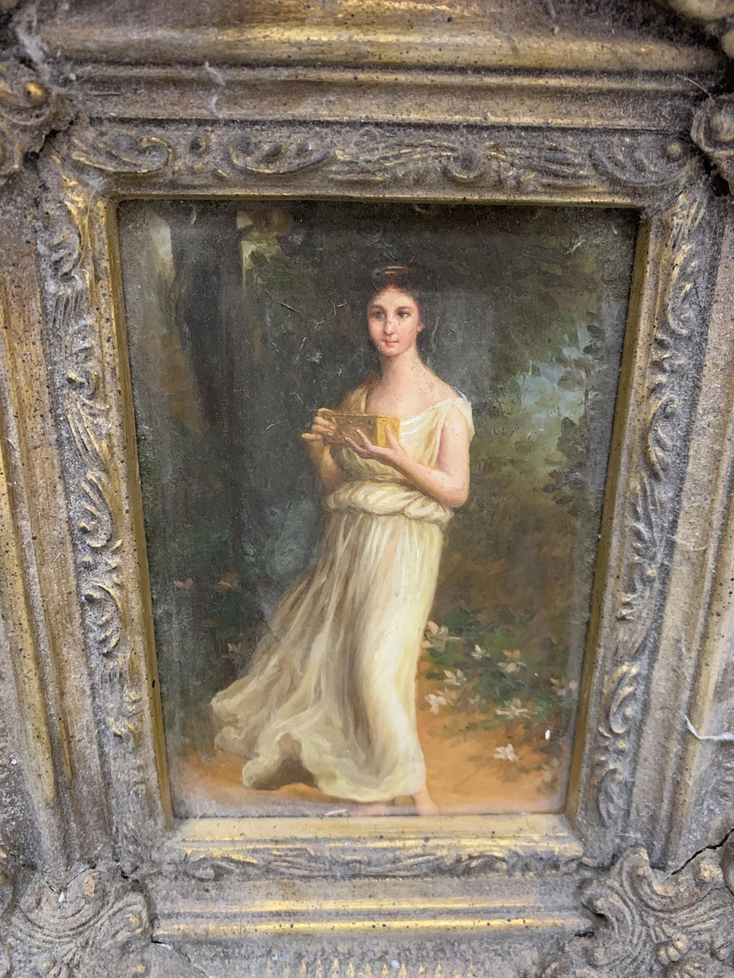 A HEAVY GILT FRAMED PAINTING OF A YOUNG GIRL WITH A GIFT BOX - Image 2 of 3