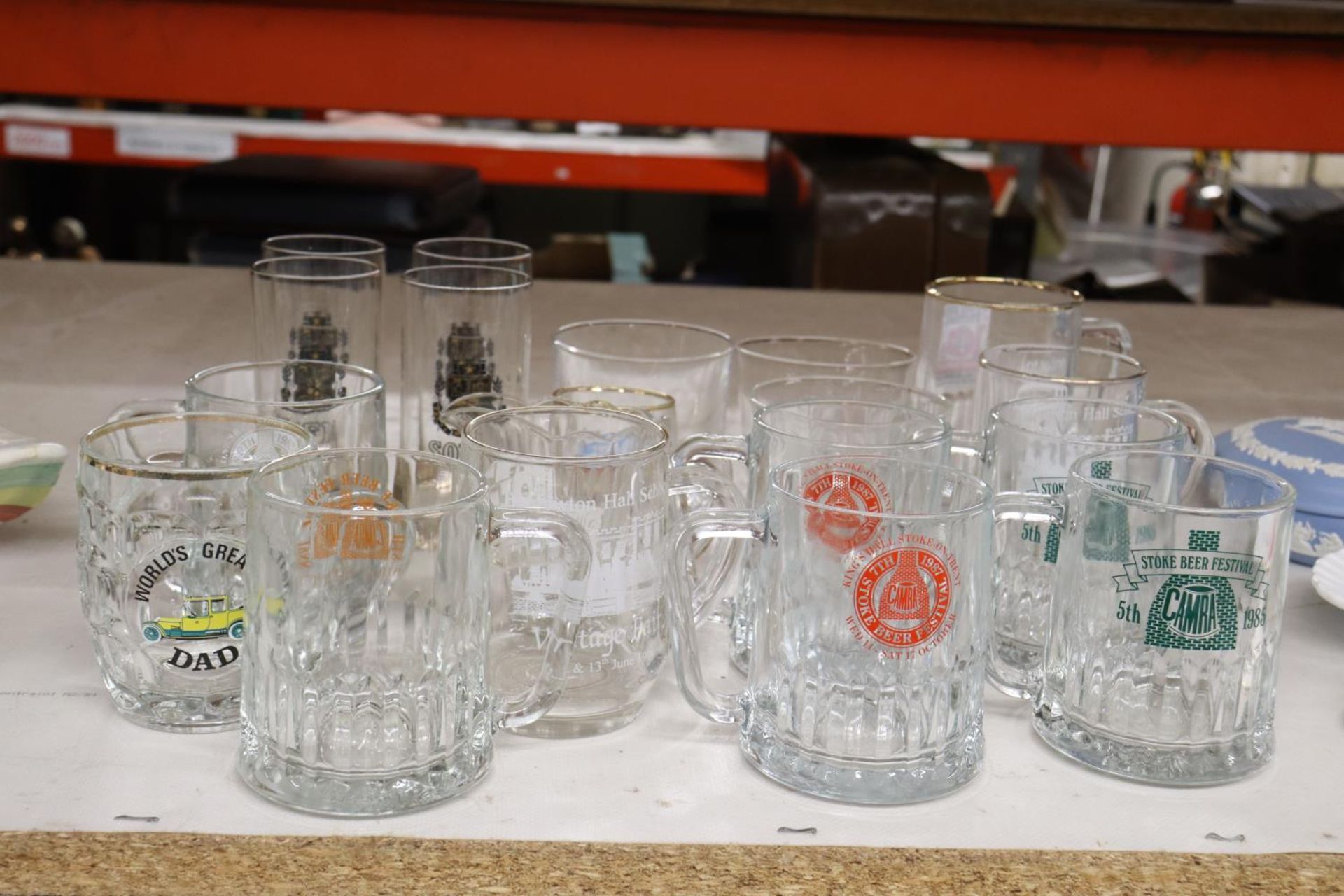 A COLLECTION OF HALF PINT, ADVERTISING, BEER TANKARDS