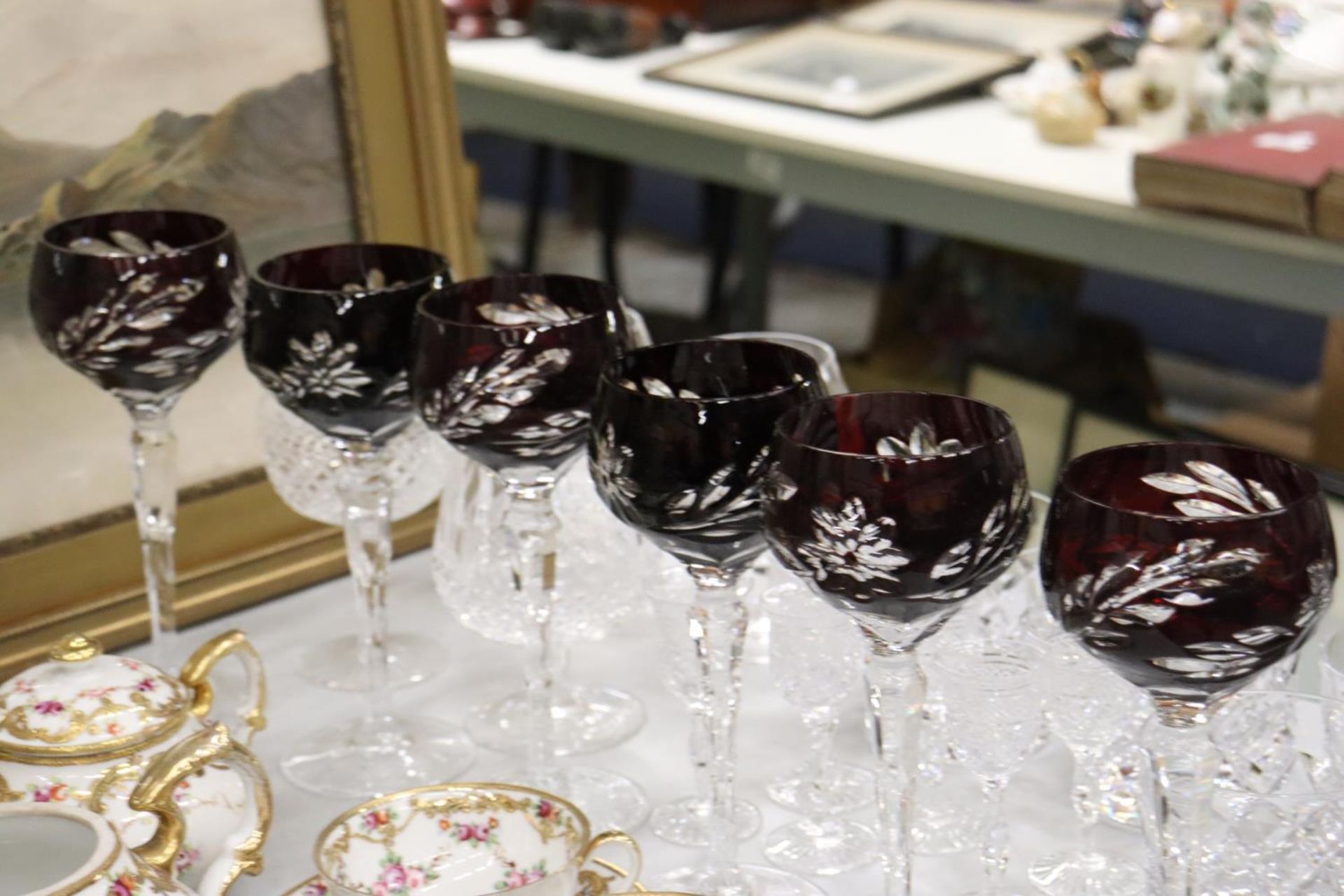 A SET OF SIX BOHEMIAN, AMETHYST CUT TO CLEAR CRYSTAL WINE GLASSES, FOURHEAVY CUTCRYSTAL WHISKY - Image 3 of 5