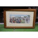 A SIGNED HORSE RACING WATERCOLOUR, 56CM X 35CM