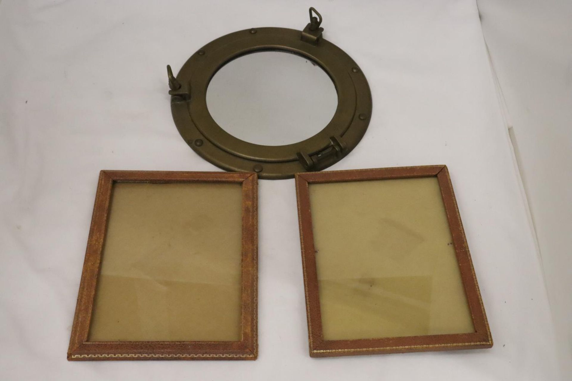A BRASS PORTHOLE MIRROR WITH TWO WOODEN FRAMES - Image 2 of 9