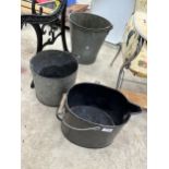 A VINTAGE GALVANISED BUCKET AND TWO FURTHER METAL BUCKETS