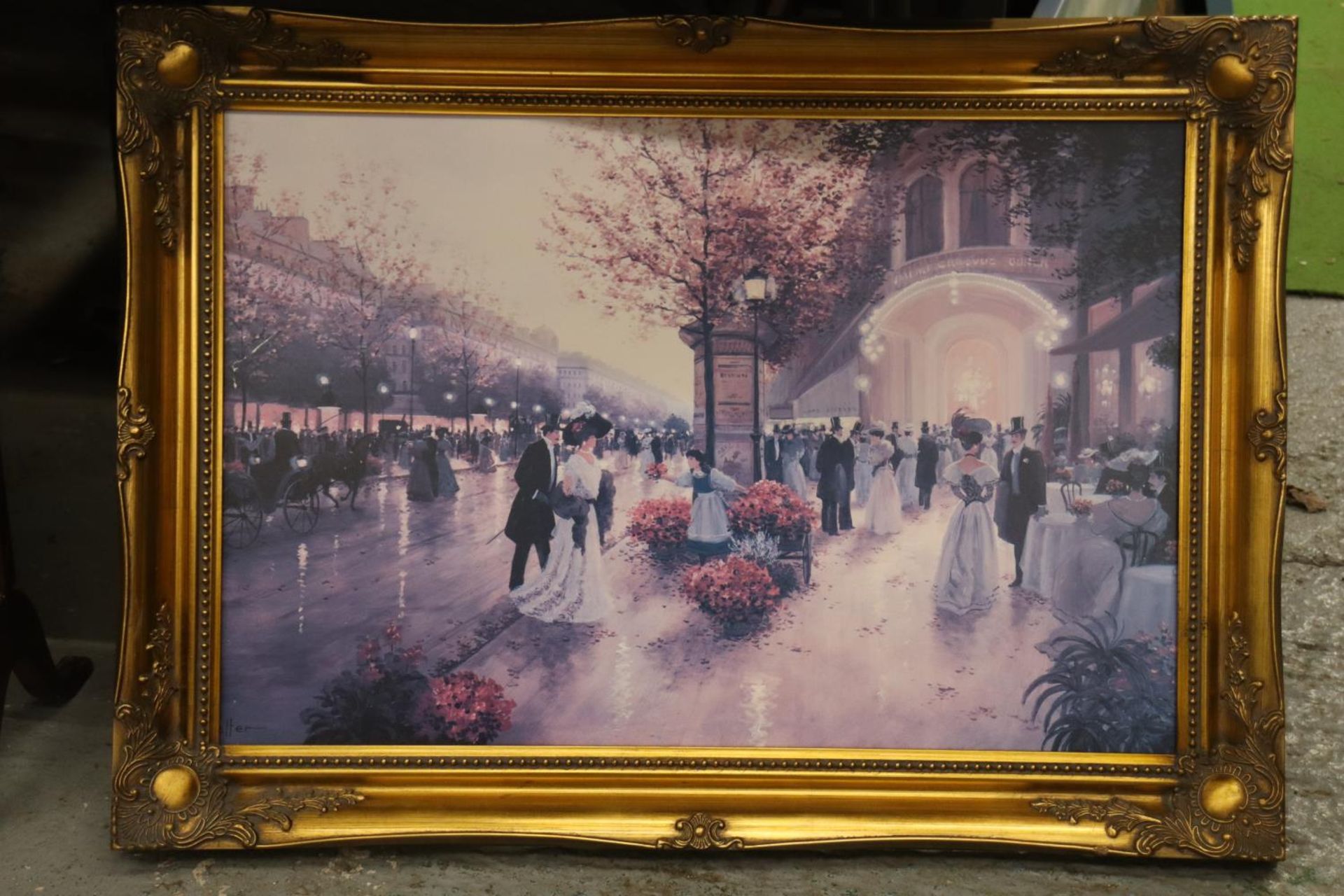 A LARGE PRINT 'PARISIAN GAIETY' IN AN ORNATE FRAME, 90CM X 65CM